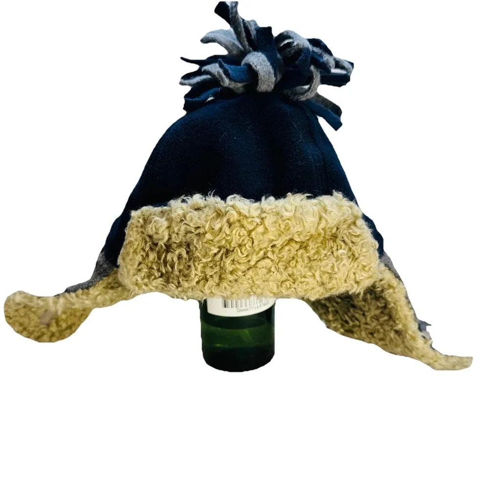 GAP Kids Trapper Hat Winter Fleece Lined Navy Blue Gray Pom‎ Pom Ear Flaps